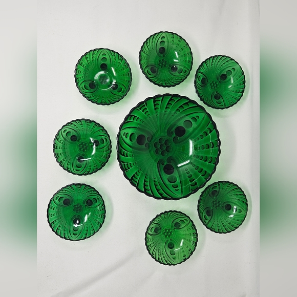 ANCHOR HOCKING Oyster & Pearl emerald salad set vintage 1950's - Picture 3 of 11